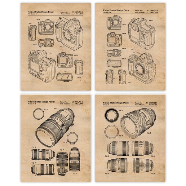 Vintage Digital Camera Lens Patent Prints, 4 Unframed Photos, Wall Art Decor for Home Office Engineer Student Sports Photography Nikon Fans