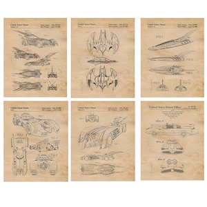 Classic Movie Hero Vessels Patent Prints, 6 Unframed Photos, Wall Art Decor Gift for Home Office Dark Knight Garage Student Teacher ComicCon