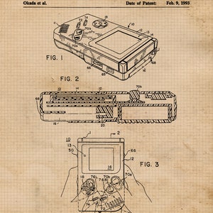 Op de afbeelding: Een zwart-witte lijntekening van een patent voor een draagbare videogameconsole. Het patentnummer is 5.184.830 en de datum van het patent is 9 februari 1993. De tekening toont de console vanuit verschillende hoeken en bevat labels voor verschillende onderdelen van de console.