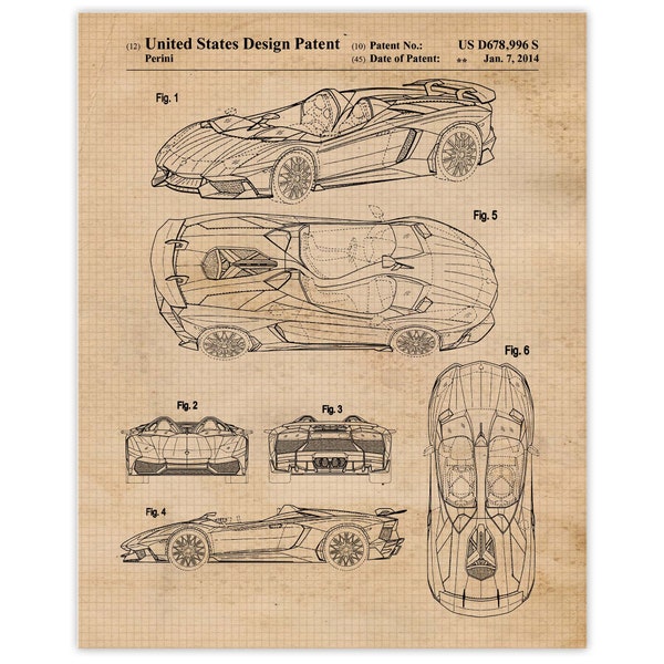 Vintage Aventador J Patent Prints, 1 Unframed Photos, Wall Art Decor for Home Office Lamborghini Garage Shop Student Teacher F1 Team Race