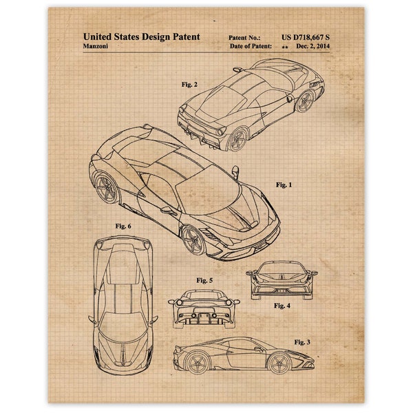 Vintage 458 Patent Prints, 1 Unframed Photo, Wall Art Decor Gifts for Home Office Man Cave Student Teacher Coach Ferrari F1 Racing Champion