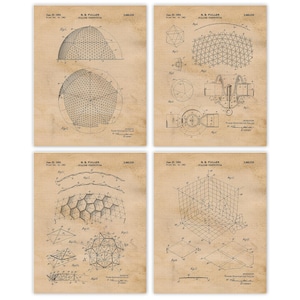 May include: Set of four vintage-style prints featuring architectural diagrams and blueprints. Each print showcases detailed technical drawings of geodesic dome structures, with intricate line work on a tan background. The prints include text and dates.