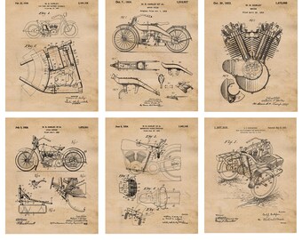 Classic Motorcycle Patent Prints, 6 Unframed Photos, Wall Art Decor for Home Office Machine Garage Shop Student Teacher Harley Bike Engineer