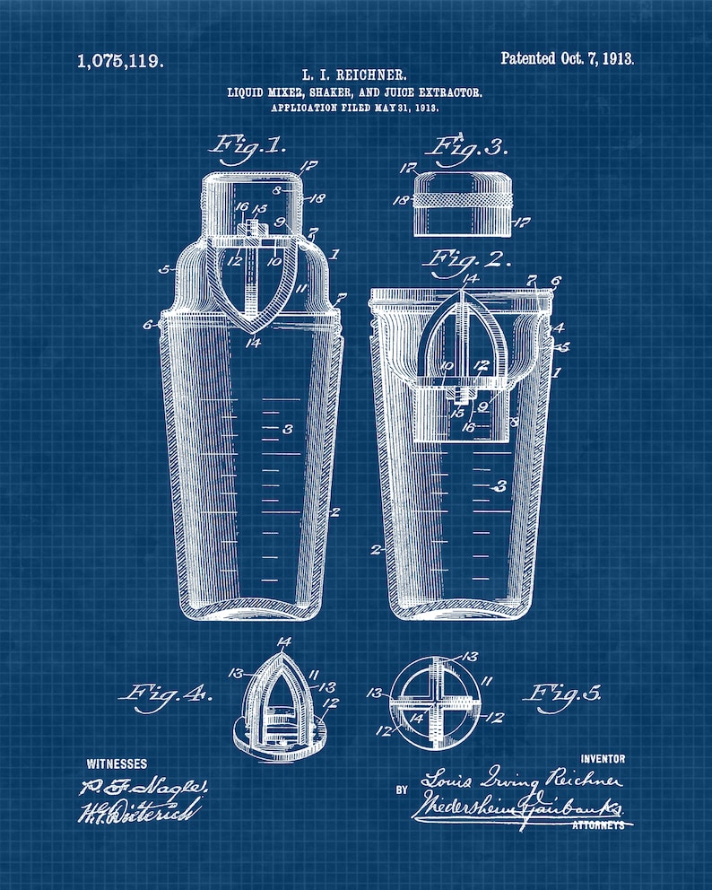 Vintage Bartender Cocktail Wine Patent Prints, 6 Unframed Photos, Wall Art Decor Gifts for Home Office Man Cave Bar Garage Shop Student Fans Blue