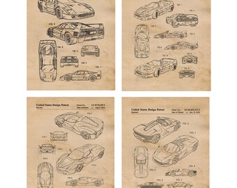 Klassische Sportwagen Patent Drucke, 4 ungerahmt Fotos, Wand Kunst Dekor für Zuhause Arbeit Büro Ferrari Zahnrad Werkstatt F1 Shop Schule Schüler Lehrer