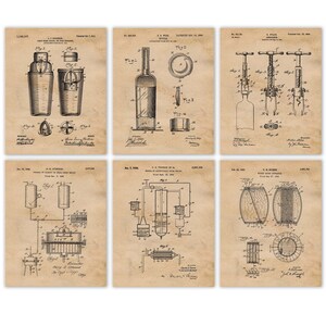 Vintage Whiskey Bar Tools Patent Prints, 6 Unframed Photos, Wall Art Decor Gifts for Home Office Studio Garage Shop College Student Teacher