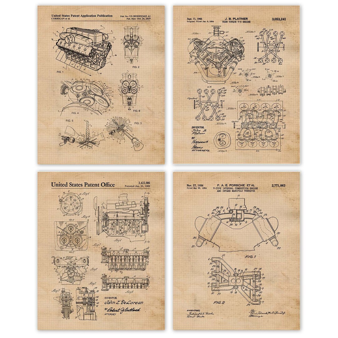 Vintage Sports Car Engines Patent Prints, 4 Unframed Photos, Wall Art ...