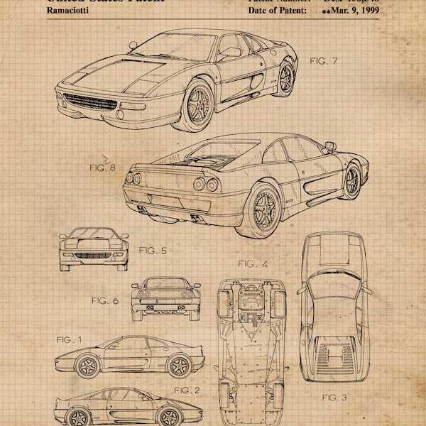 Vintage F355 Patent Prints, 1 Unframed Photos, Wall Art Decor Gifts for Home Office Man Cave Student Teacher F1 Ferrari Racing Team Champion