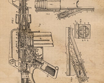 特大　ビンテージ銃器図面アートプリント木製額縁 ビンテージM16自動小銃の特許図面、額装なし写真1枚、自宅、職場