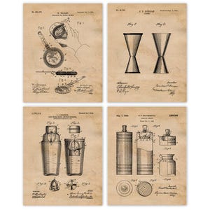 Impresiones de patentes de cócteles clásicos de barman, 4 fotos sin marco, decoración de pared, regalo para el hogar, la oficina, el garaje, la sala de juegos, estudiantes, profesores y entrenadores.