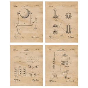 May include: Four vintage patent drawings for inventions by Alexander Graham Bell. The drawings are in black and white and show various diagrams of early telephone technology. The drawings are dated 1875, 1876, 1877, and 1878.