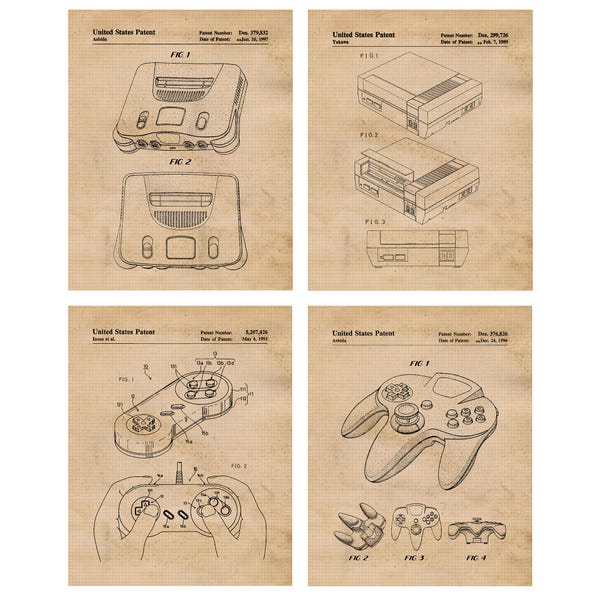Impresiones de patentes de videojuegos clásicos, 4 fotos sin marco, decoración de pared para el hogar, el trabajo, la oficina, el equipo tecnológico, el garaje, la escuela, los estudiantes, los juegos en línea, etc.