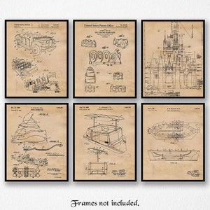 Vintage Disney Theme Park Rides Patent Prints, 6 Unframed Photos, Wall Art Decor Gifts for Home Office Man Cave Student Teacher Coach Kids Beige