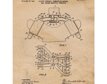 Vintage VType ICE Car Engine Patent Prints, 1 Unframed Photos, Wall Art Decor for Home Work Office Lounge Porsche Tech Garage Shop School