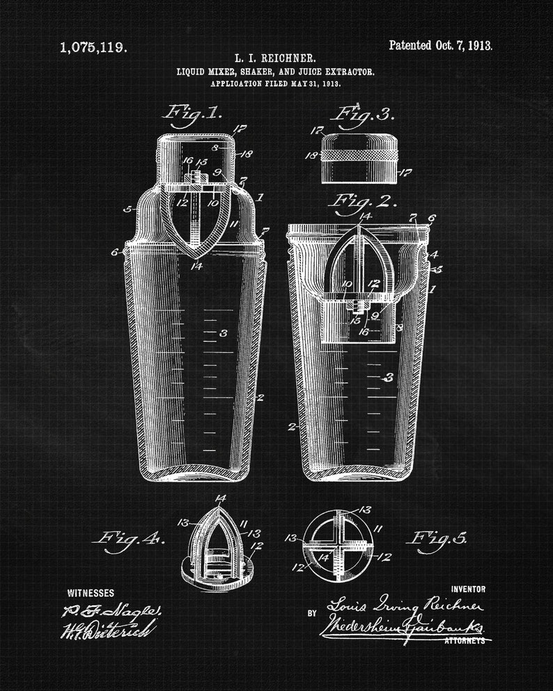 Vintage Bartender Cocktail Wine Patent Prints, 6 Unframed Photos, Wall Art Decor Gifts for Home Office Man Cave Bar Garage Shop Student Fans Black