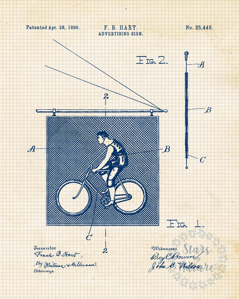 May include: A blue and white patent drawing for an advertising sign. The drawing shows a man riding a bicycle in front of a sign. The sign is attached to a pole with a rope and pulley system. The patent number is 25,448 and the date is April 28, 1896.