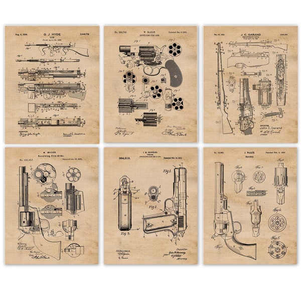 Vintage Pistols Rifles Patent Prints, 6 Unframed Photos, Wall Art Decor Gifts for Home Gun Ammo Office Cowboys Gears Garage Target Coach Fan