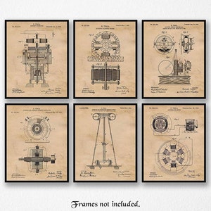 May include: Six framed vintage-style prints showcasing detailed technical drawings of Tesla's inventions. The prints are in black frames, with the text "Frames not included." at the bottom. The drawings are in black ink on a tan background.