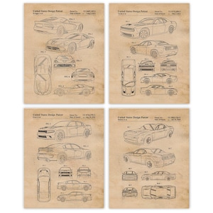 Impresiones de patentes clásicas del Charger Challenger Demon Viper, 4 fotos sin marco, decoración de pared, regalo para el hogar, la oficina, el garaje, Dodge Mopar, carreras de autos.