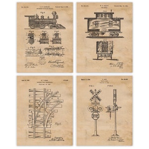 Vintage Railroad Train Patent Prints, 4 Unframed Photos, Wall Art Decor Gifts for Home Office Garage Locomotive Engine Shop Student Teacher