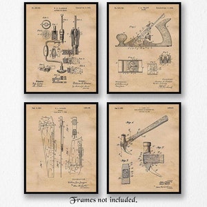 Ferramentas de marcenaria vintage, impressões patenteadas, 4 fotos sem moldura, decoração de arte de parede, presentes para casa, escritório, artesanato, garagem, loja, carpinteiro, estudante, construtor