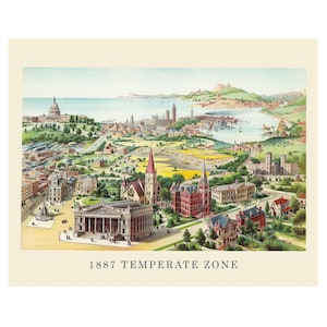 Vintage zone tempérée ville 1887 répliques de cartes, 1 photos sans cadre, décoration murale art pour la maison travail bureau école étudiant enseignant géographie