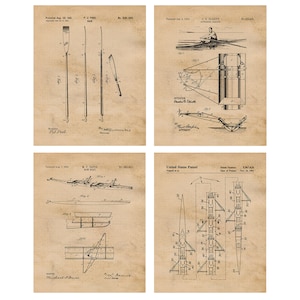Puede incluir: Cuatro dibujos de patentes vintage para equipos de remo. El primero muestra un diseño para un remo, el segundo muestra un diseño para una máquina de remo, el tercero muestra un diseño para un bote de remo y el cuarto muestra un diseño para una concha de remo. Los dibujos son en blanco y negro y están sobre un fondo beige.