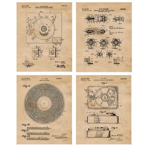 Vintage Vinyl Record Player Patent Prints, 4 Unframed Photos, Wall Art Decor Gifts for Home Office Rock Garage School Music Student Teacher