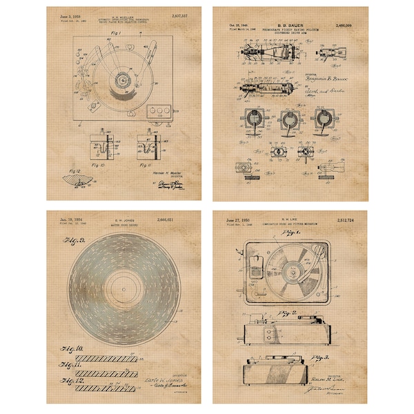 Vintage Vinyl Record Player Patent Prints, 4 Unframed Photos, Wall Art Decor Gifts for Home Office Rock Garage School Music Student Teacher