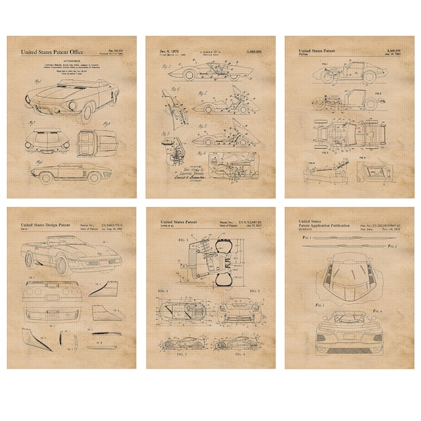 Vintage Chevy Patent Prints, 6 Unframed Photos, Wall Art Decor Gifts for Home Office Corvette Car Garage Student Teacher Coach Team Racing