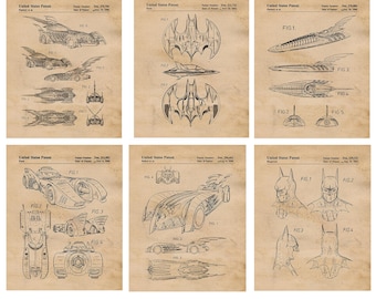 Classic Dark Knight Superhero Patent Prints, 6 Unframed Photos, Wall Art Decor for Home Work Office Bat Cave Gaming Studio School Student