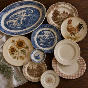 May include: A collection of ceramic plates and dishes featuring various designs including blue and white willow patterns, a brown landscape scene, a rooster illustration, sunflower motifs, a small windmill print, a floral centre, and a red gingham border.
