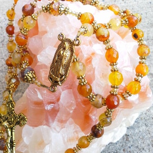 Catholic Rosary - Vintage Style Rosary - Virgen De Guadalupe Rosary - Gold Cross Rosary - Agate Stone Rosary - Prayer Beads