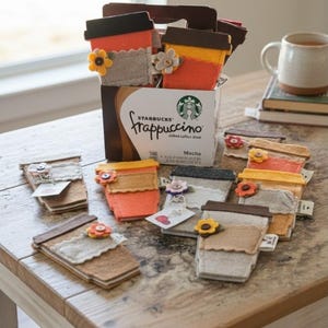 May include: A collection of handmade felt coffee cup cozies in various colors, including orange, gray, and brown, adorned with felt flowers. A Starbucks Frappuccino box is in the background, along with a mug and books on a wooden table.