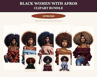 Black Women with Afros Clipart Bundle, Afro Woman PNG, Black Girl Clipart, Natural Hair Art, Planner Stickers, Sublimation