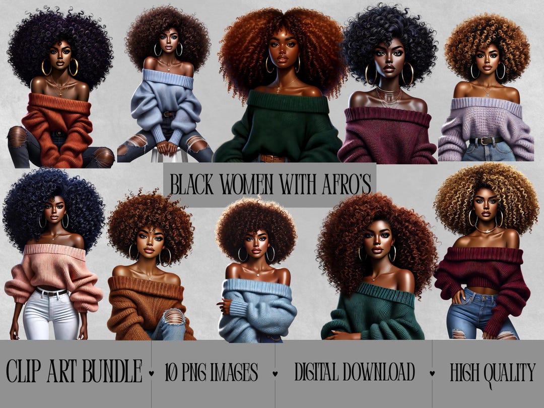 Black Women With Afros Clipart Bundle | 10 PNG Images | Digital ...