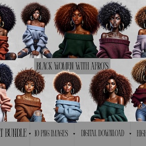 Black Women with Afros Clipart Bundle | 10 PNG Images | Digital Download | High-Quality Afro Hairstyle Graphics, Natural Hair Clipart