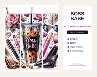 Boss Babe Tumbler Wrap PNG, 20oz Skinny Glam Sublimation Design with Leopard Heels and Iced Coffee