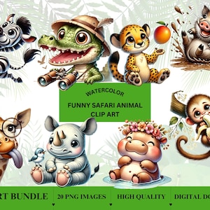 Clipart de animales de safari en acuarela / 20 imágenes PNG / Animales de la selva adorables / Descarga digital / Ilustraciones divertidas de animales de safari