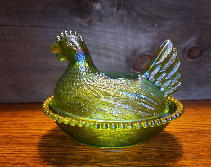 Rare Indiana Glass Company Green Carival Glass Hen on Nest, Emerald