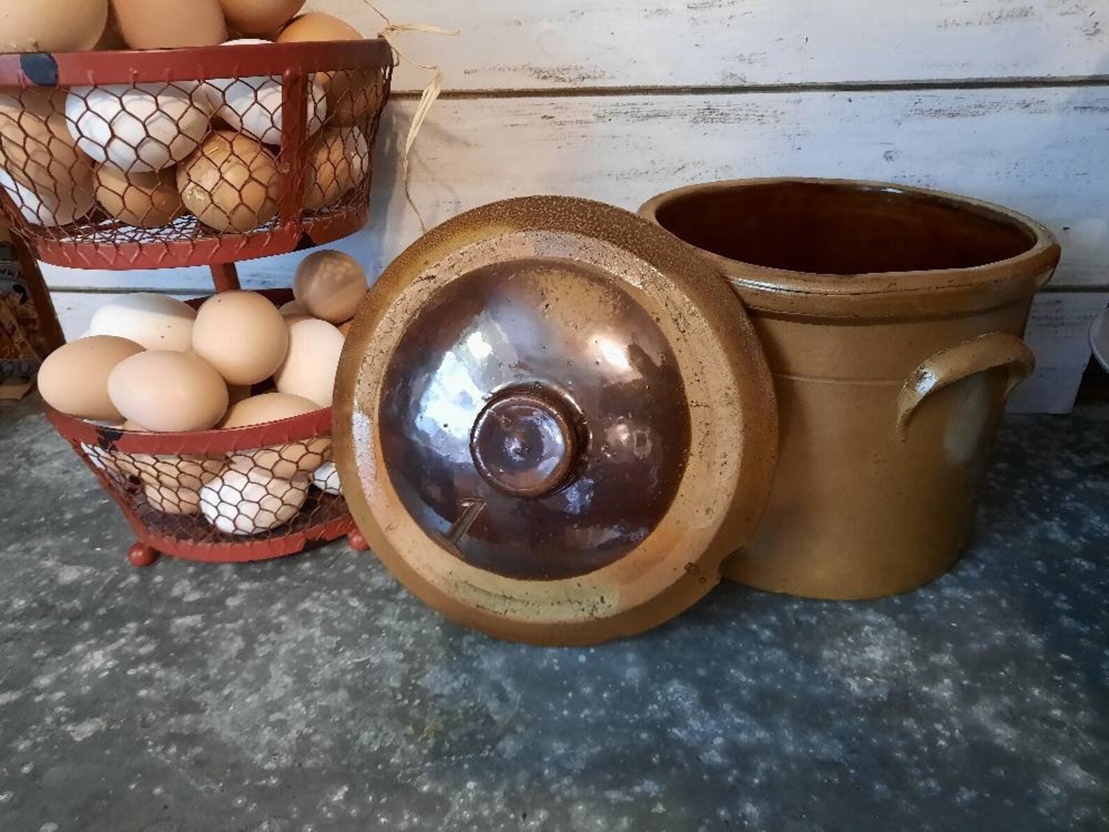 Antique Crock With Original Lid Salt Glazed Crock With Handle Etsy