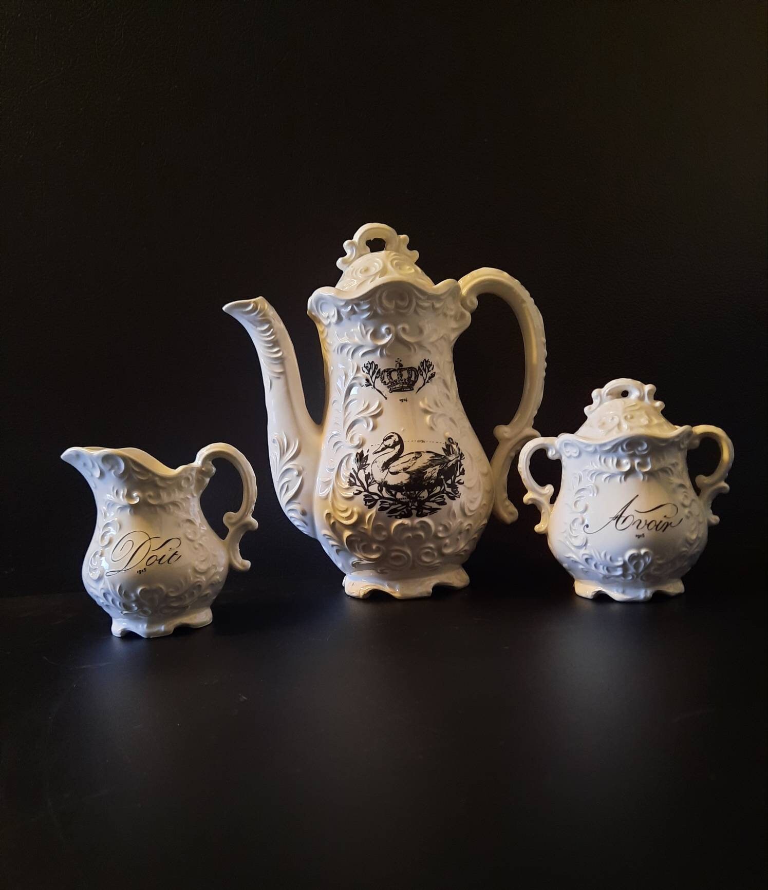 French Country Tea Set Teapot Creamer and Cover Sugar Dish Etsy