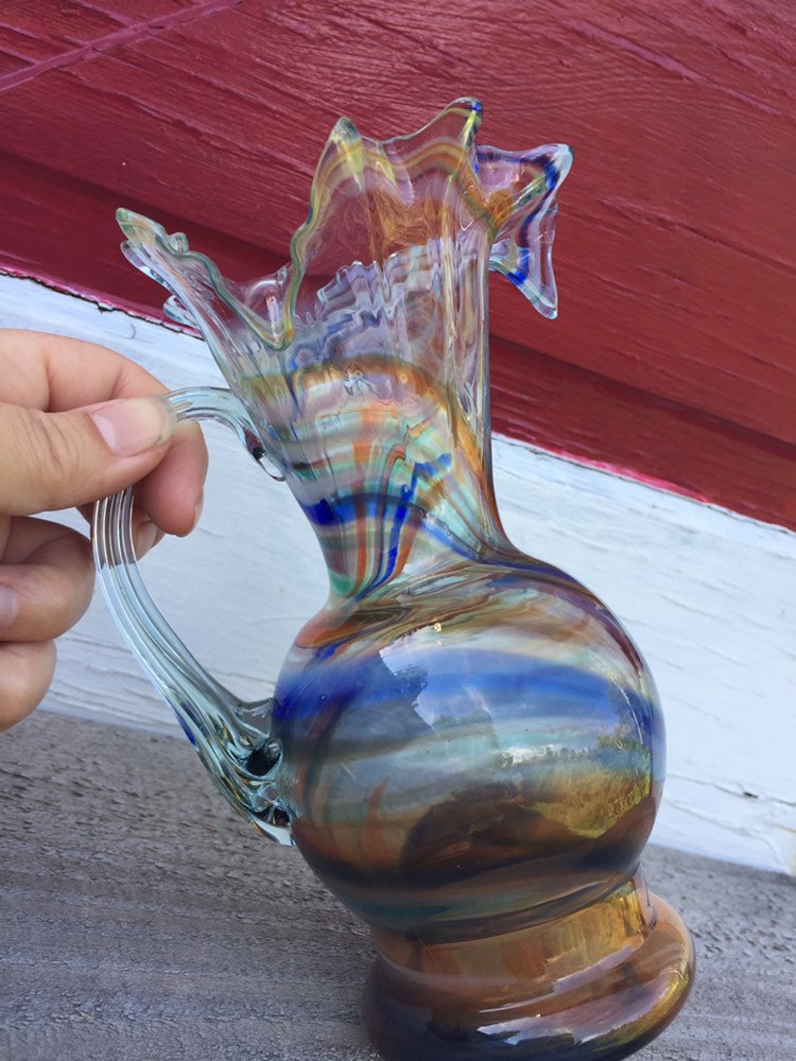 Vintage art glass pitcher with a swirl design hand blown Etsy