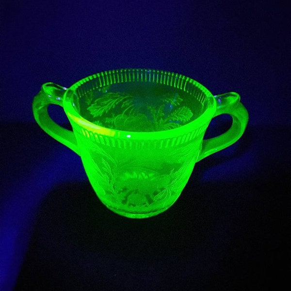Vintage green depression uranium glass sugar bowl with cherry plant design, uranium opened sugar bowl, green glow in the dark glass