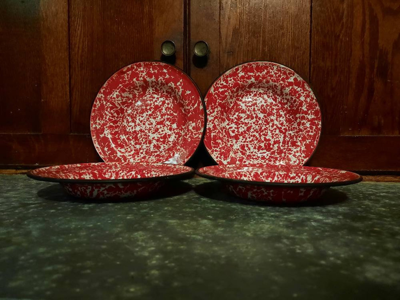 Set of 4 Red and White Marble Enamelware 8 Soup Bowls, Plates With