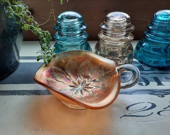 1930s Dugan Carnival glass nappy candy dish, marigold leaf ray pattern, tri corner candy dish with handle,