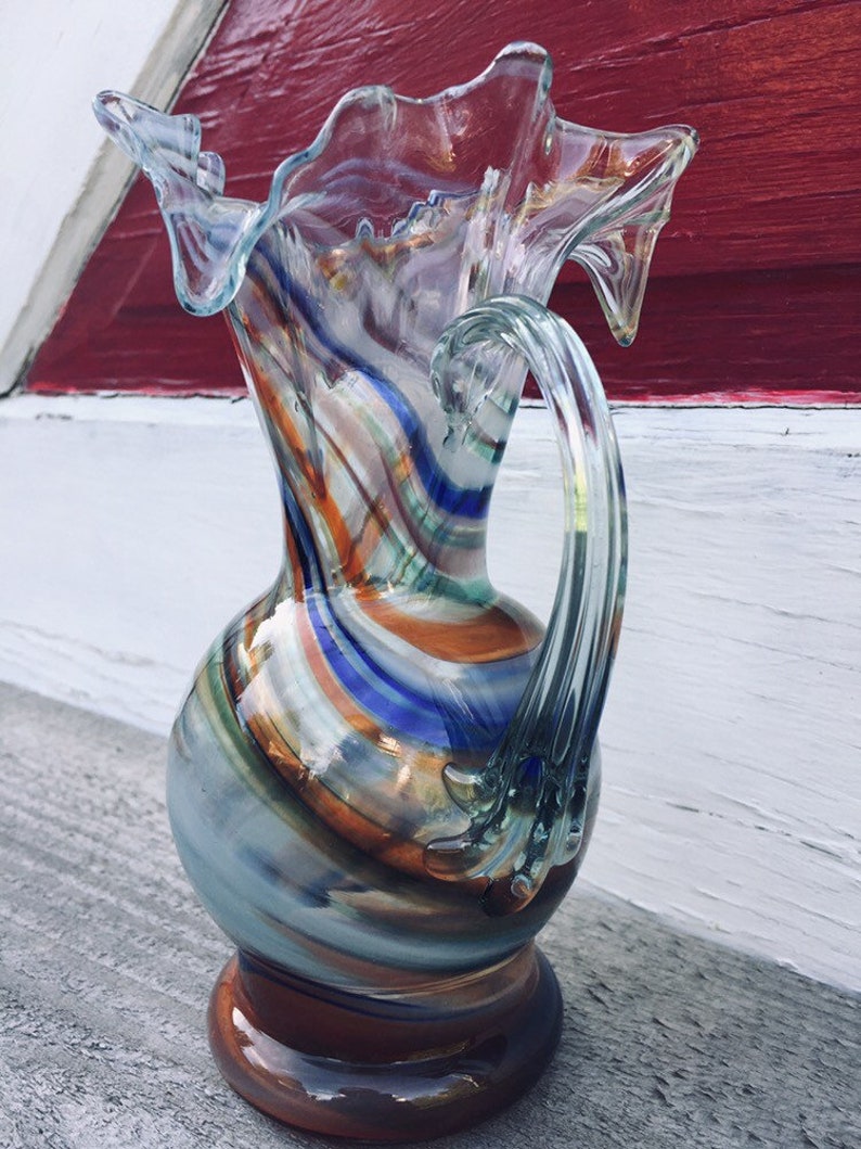 Vintage Art Glass Pitcher With a Swirl Design Hand Blown Etsy