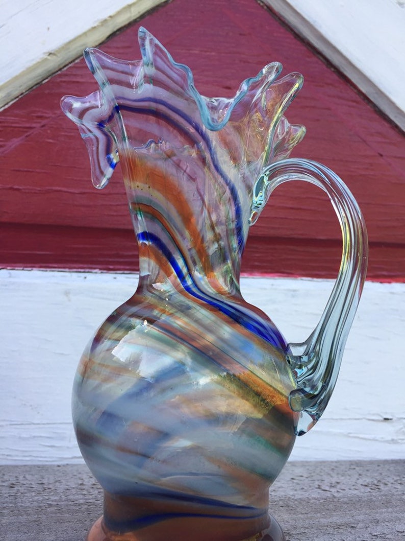 Vintage Art Glass Pitcher With a Swirl Design Hand Blown Etsy