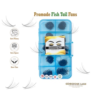May include: A blue plastic container with 10 compartments filled with black eyelash extensions. The container has a label that says "Gorgeous Lash Handmade" and "Fish Tail". The container is surrounded by individual eyelash extensions.