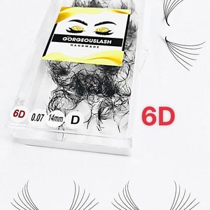 May include: A clear plastic container filled with black 6D eyelash extensions. The container has a label that says "GORGEOUSLASH HANDMADE". There are also labels that say "6D", "0.07", "14mm", and "D". Two individual 6D eyelash extensions are shown below the container.